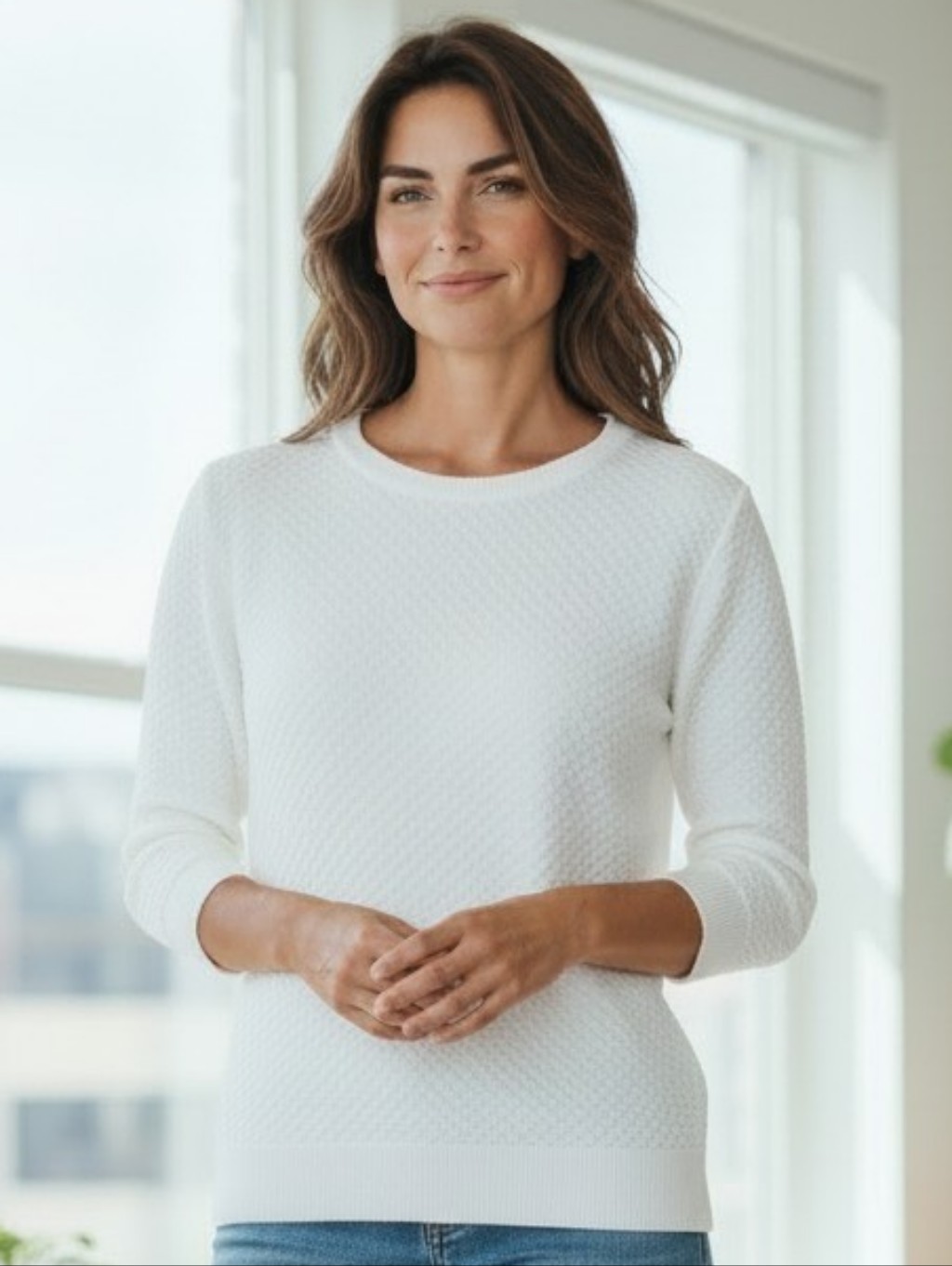 Lord & Taylor Cotton Lightweight White Textured Crewneck Sweater